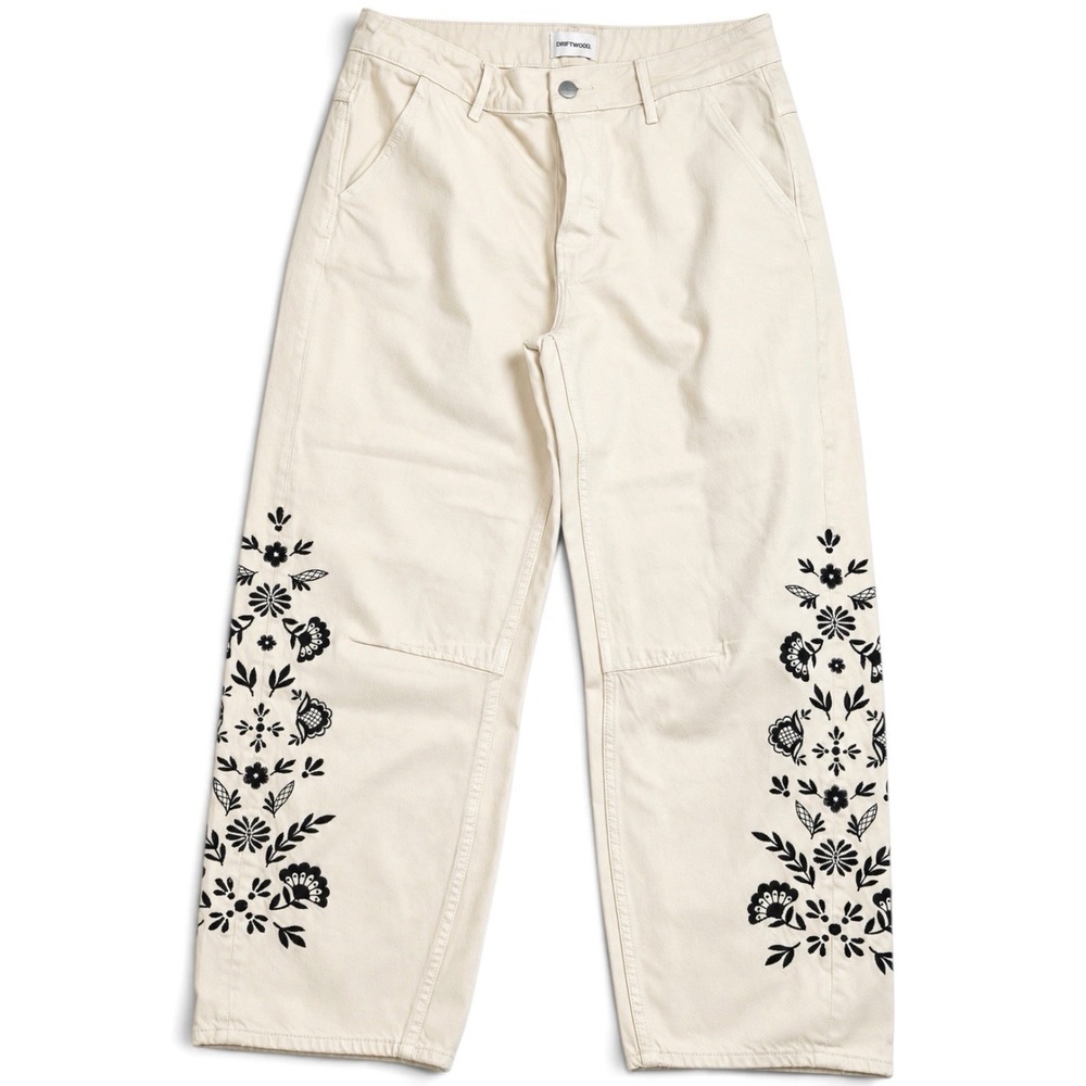 Driftwood Barbara Jeans Womens 28 Cream Black Floral Embroidered Barrel Leg Crop